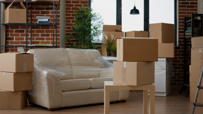 Living room interior with cardboard boxes